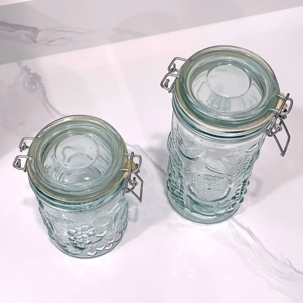 Vintage Embossed Fuit Pattern Glass Canister Set with Wire Bale Hinges, Set of 2